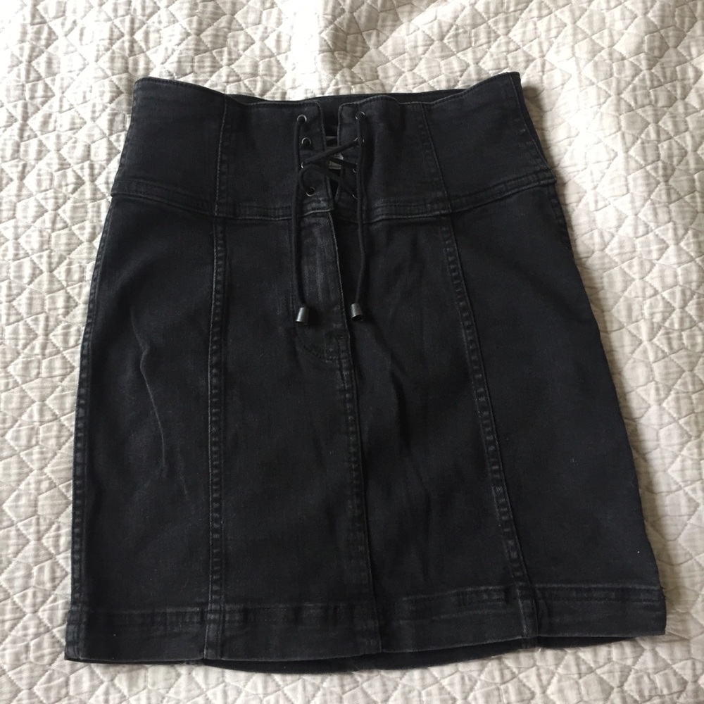 Free People High Waisted Denim Lace-Up Skirt